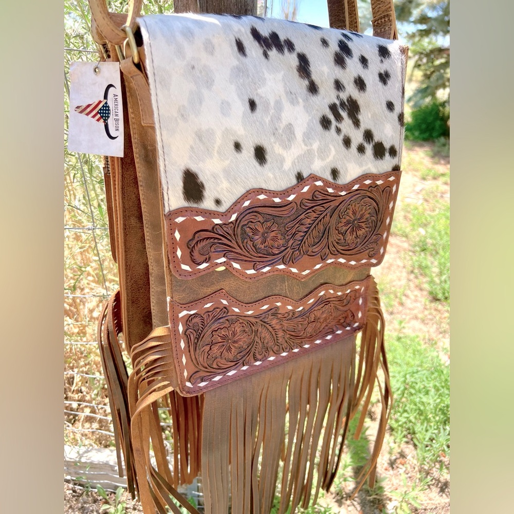 New! Hand Crafted American Bison Country Hide & Floral Tooled Fringe Leather Bag